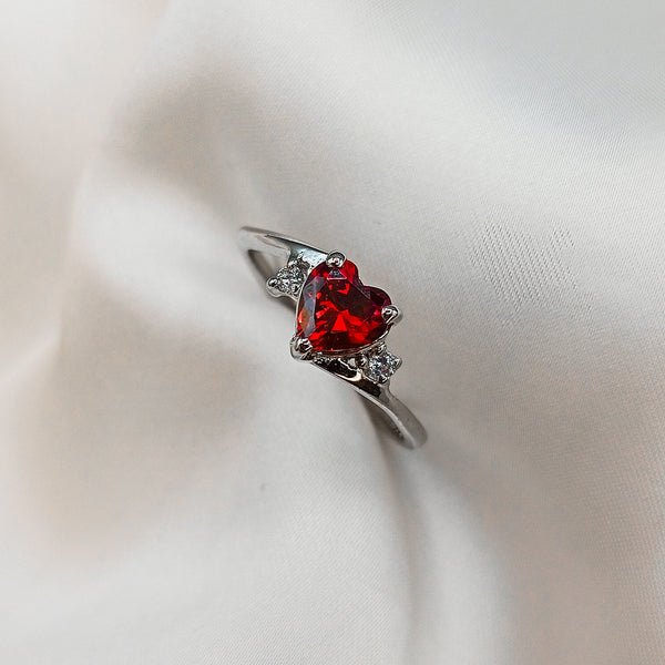 Italian Red Heart Cut Silver Ring Front view